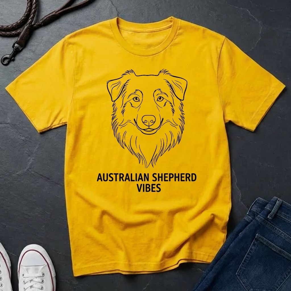 Yellow Comfort Colors t-shirt with Australian Shepherd design and text on a dark surface with shoes and jeans.