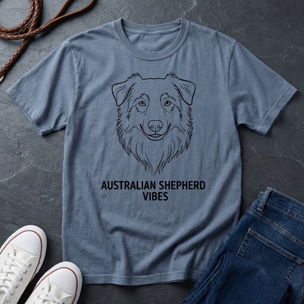 Blue Comfort Colors t-shirt with Australian Shepherd design and text on a dark surface with shoes and jeans.