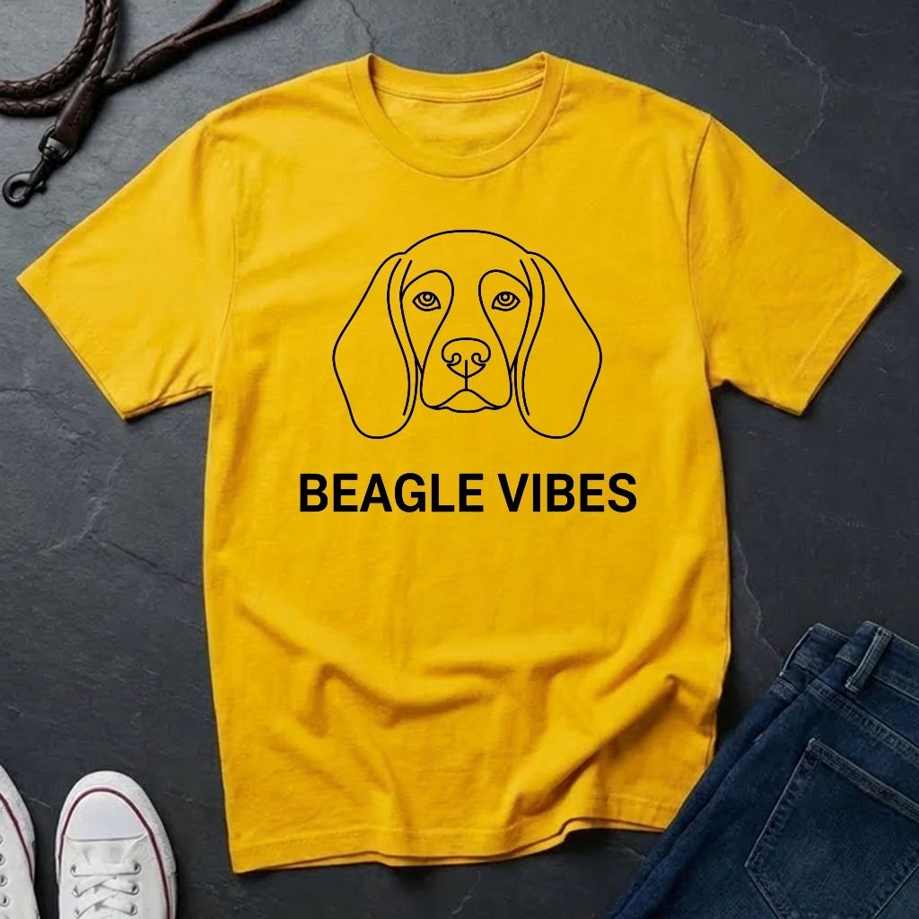 Yellow Comfort Colors t-shirt with a beagle graphic and 'Beagle Vibes' text on a dark surface.