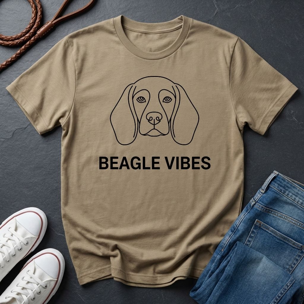 Beige Comfort Colors t-shirt with beagle graphic and 'BEAGLE VIBES' text on a dark surface with shoes and jeans.