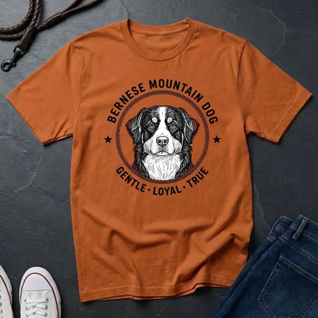 Orange Comfort Colors t-shirt with Bernese Mountain Dog graphic and text on a dark surface.