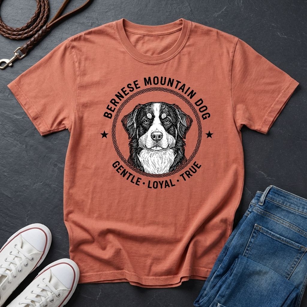Coral Comfort Colors t-shirt with Bernese Mountain Dog graphic and text on a dark surface with shoes and jeans.