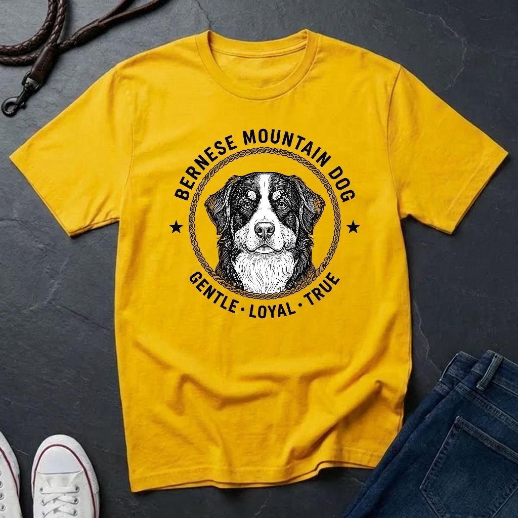 Yellow Comfort Colors t-shirt with Bernese Mountain Dog graphic and text on a dark surface.