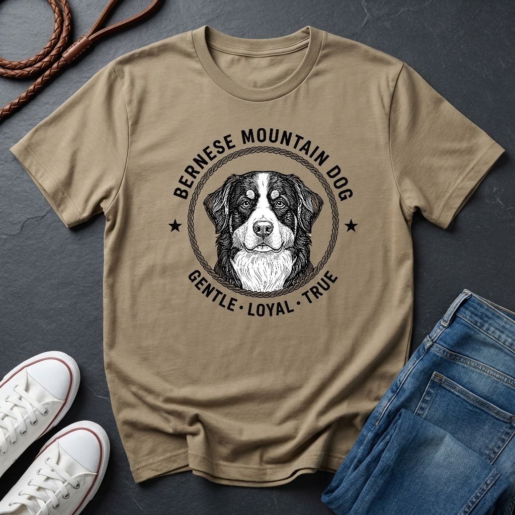 Beige Comfort Colors t-shirt with Bernese Mountain Dog graphic and text on a dark surface with shoes and jeans.
