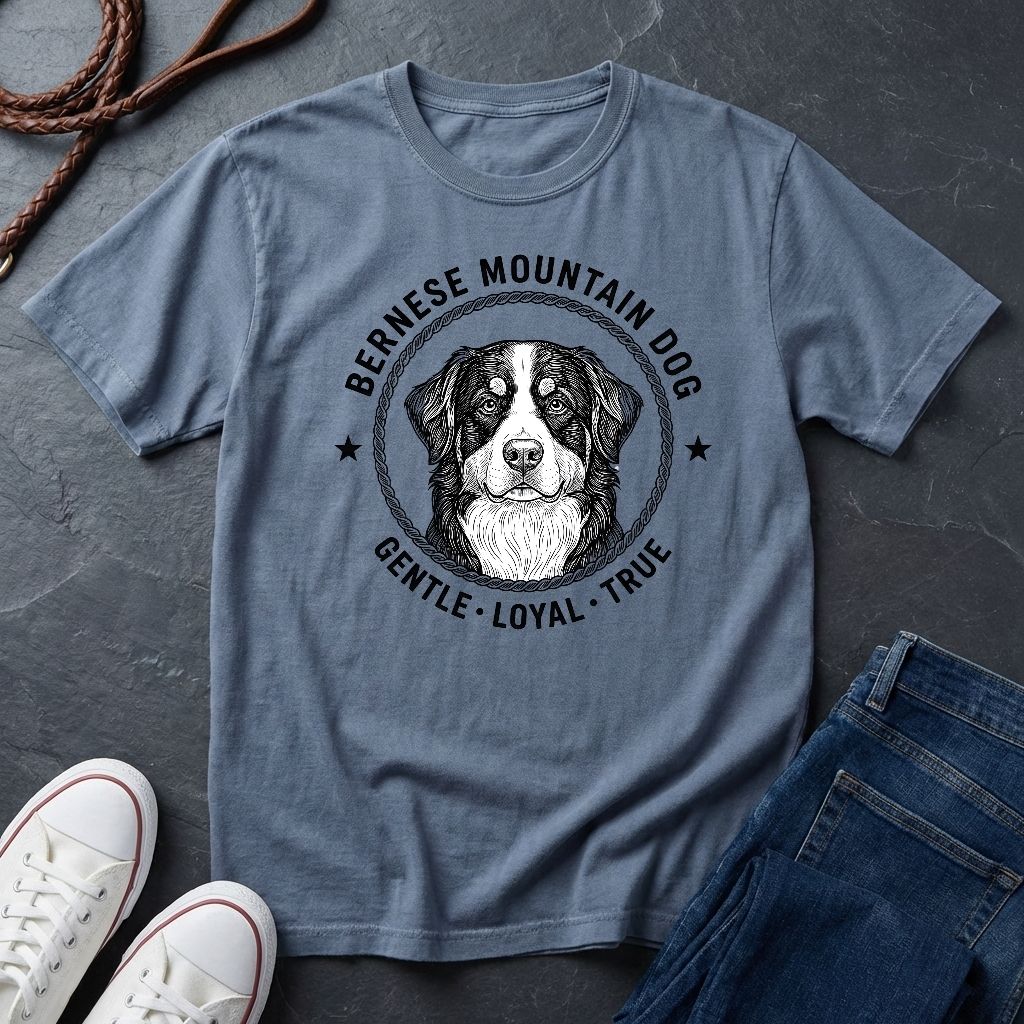 Blue Comfort Colors t-shirt with Bernese Mountain Dog graphic and text on a dark surface with shoes and jeans.