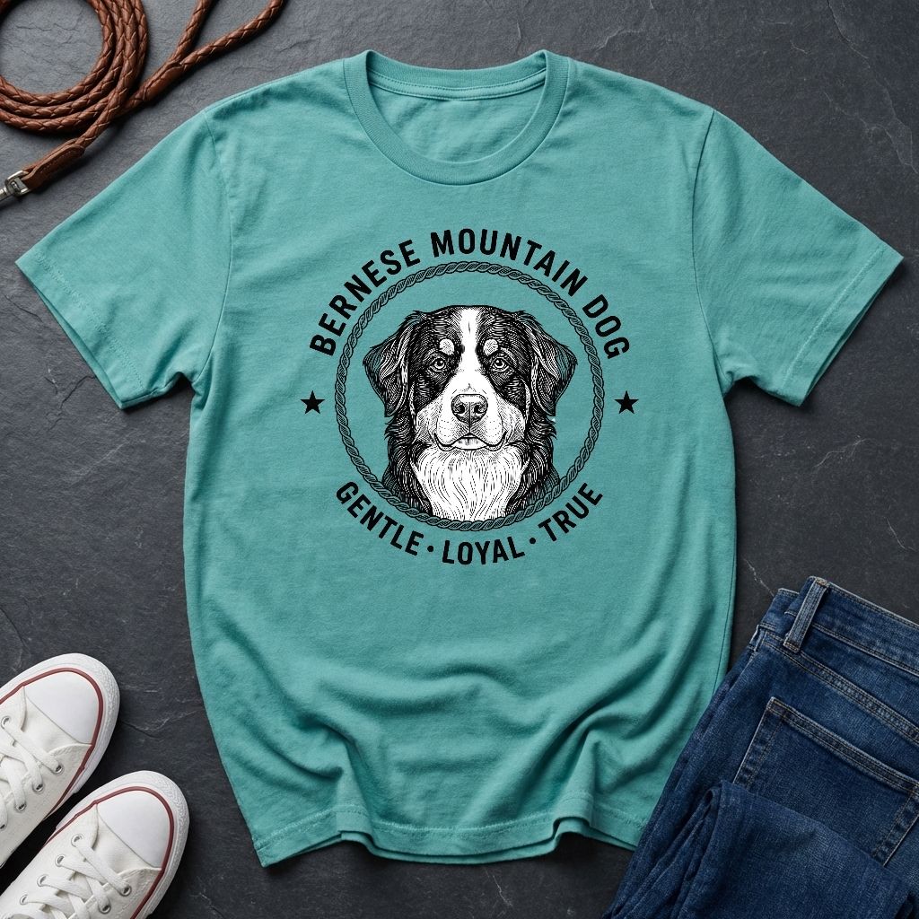 Teal Comfort Colors t-shirt with Bernese Mountain Dog graphic and text on a dark surface with shoes and jeans.