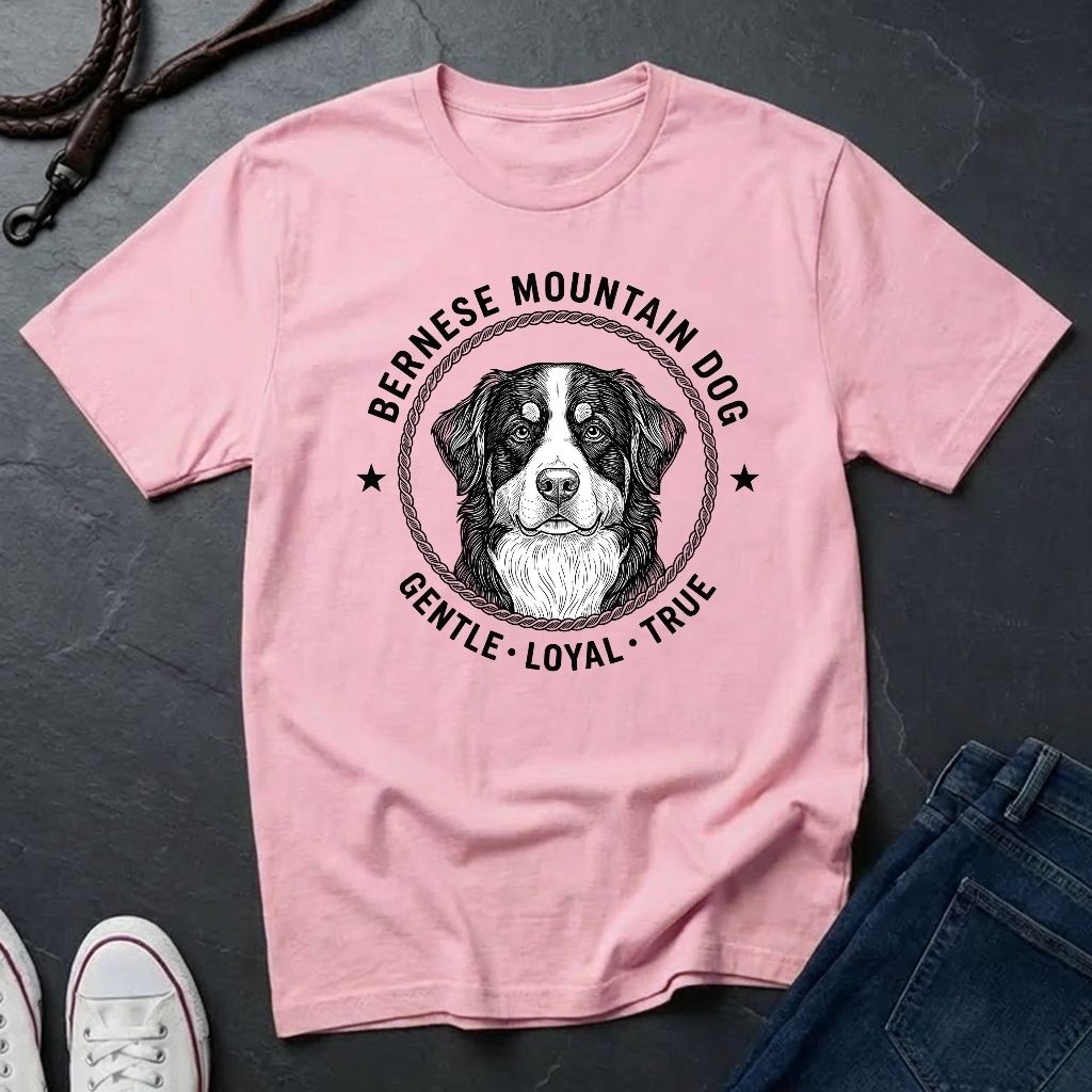 Pink Comfort Colors t-shirt with Bernese Mountain Dog graphic and text on a dark surface.
