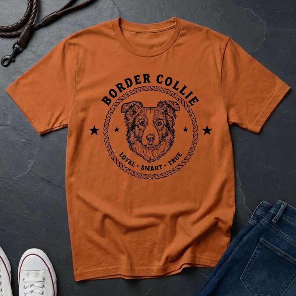 Orange Comfort Colors t-shirt with border collie graphic and text on a dark surface