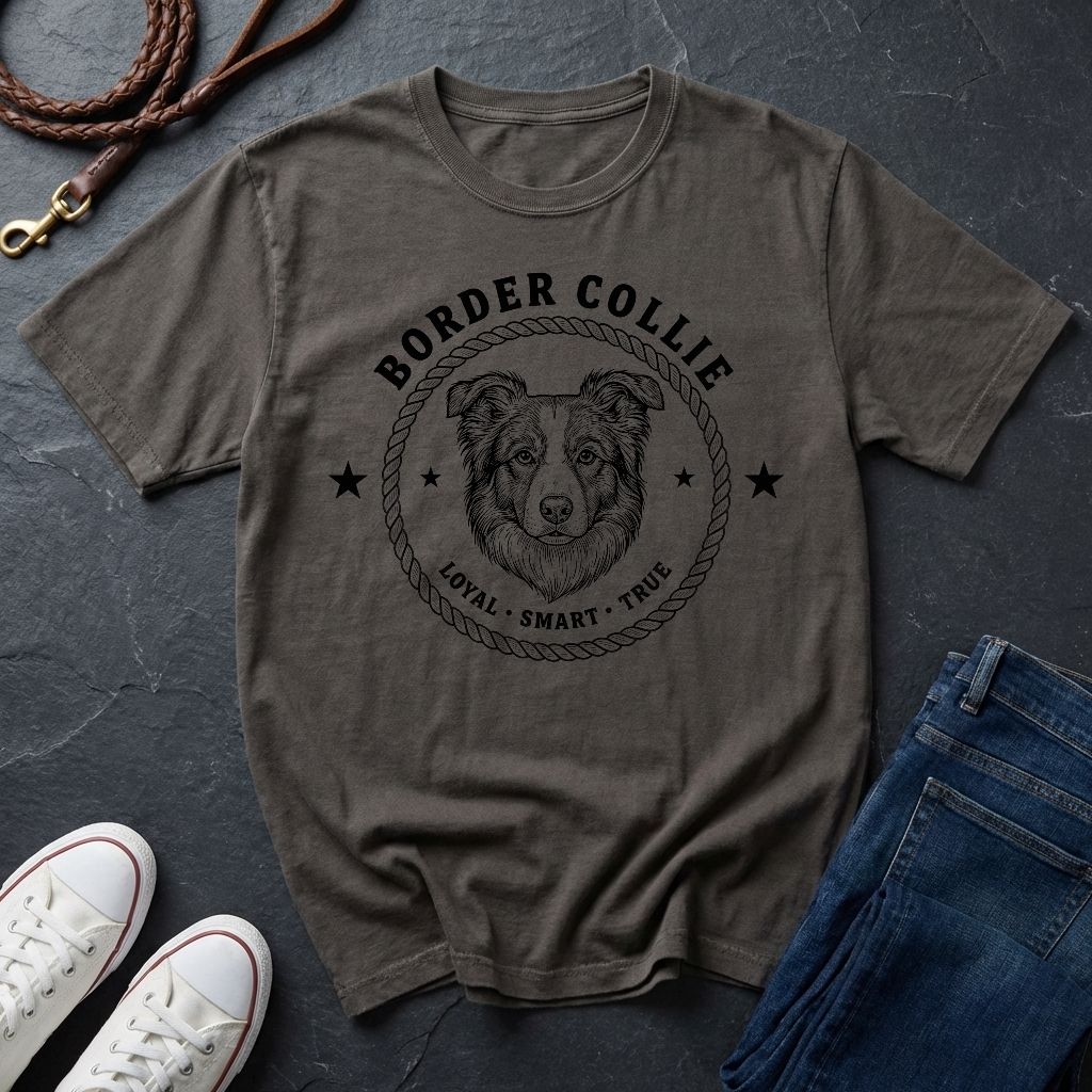 Gray Comfort Colors t-shirt with Australian Shepherd graphic and text on a dark surface with shoes and jeans.