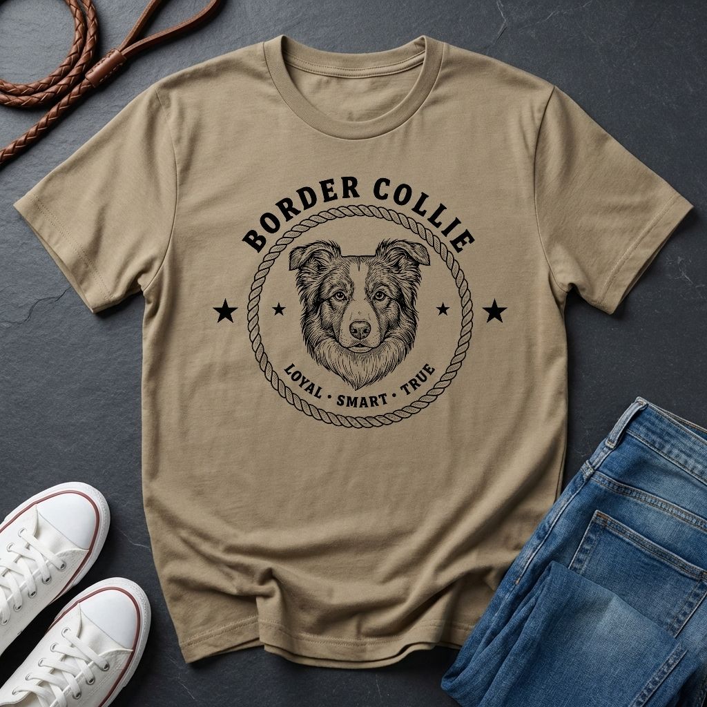 Beige Comfort Colors t-shirt with Border Collie graphic and text on a dark surface with shoes and jeans.