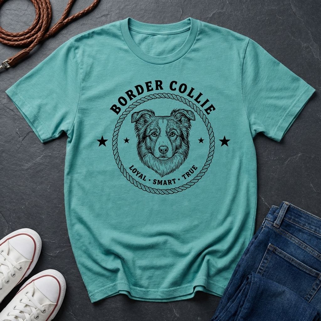 Teal Comfort Colors t-shirt with border collie graphic and text on a dark surface with shoes and jeans.