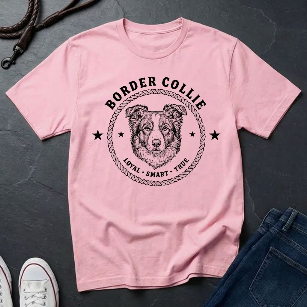 Pink Comfort Colors t-shirt with border collie graphic and text on a dark surface