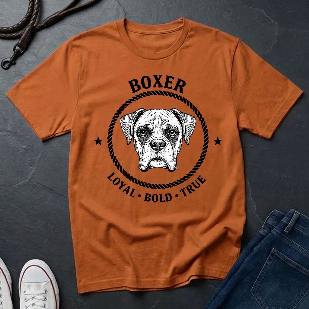 Orange Comfort Colors t-shirt with boxer dog graphic and text on a dark surface