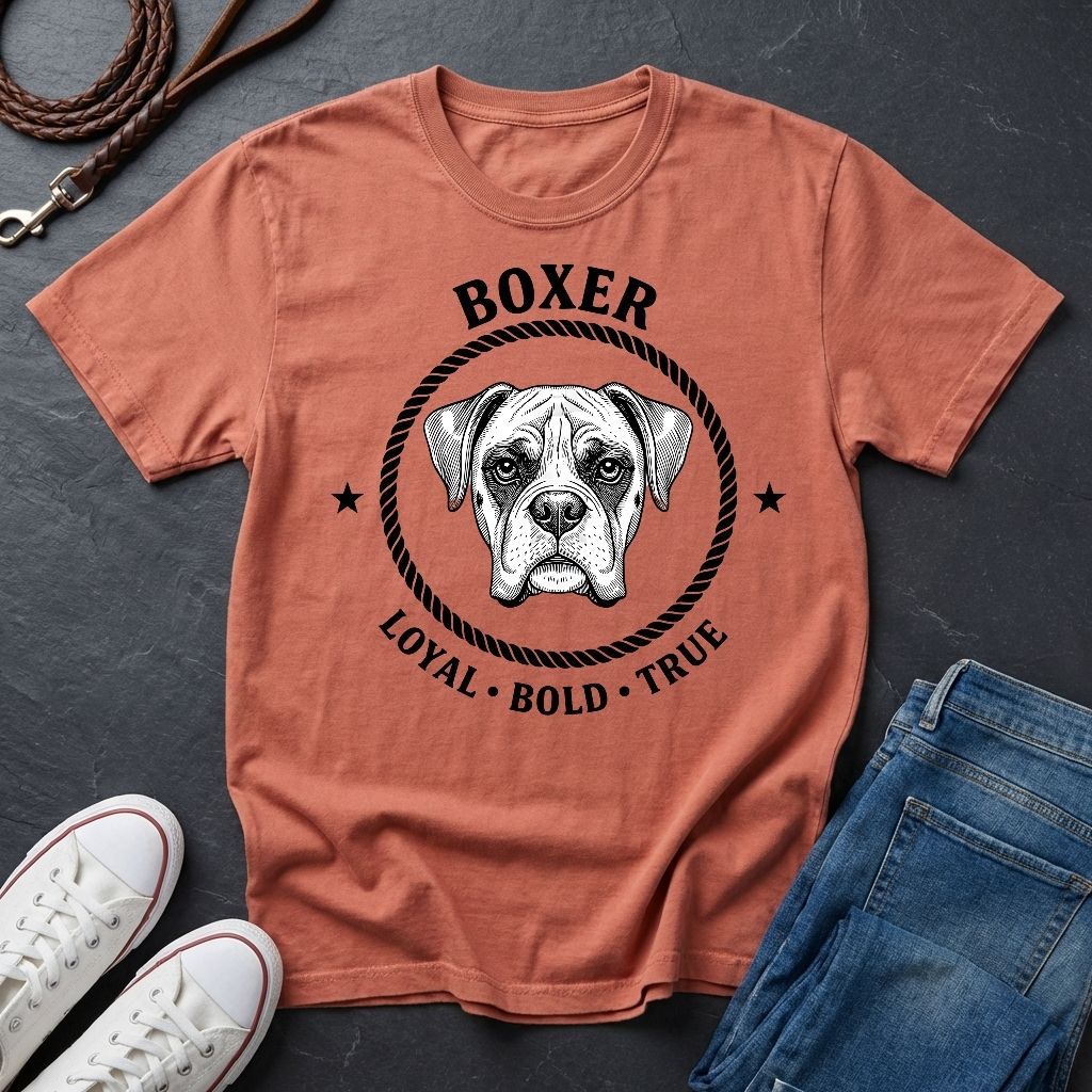 Coral Comfort Colors t-shirt with boxer dog graphic and text on a dark surface with shoes and jeans.