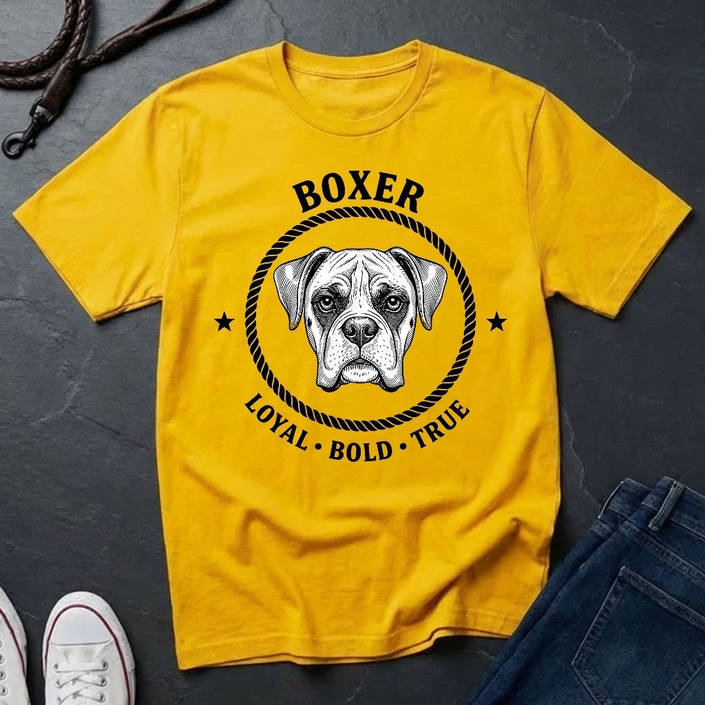 Yellow Comfort Colors t-shirt with boxer dog graphic and text on a dark surface