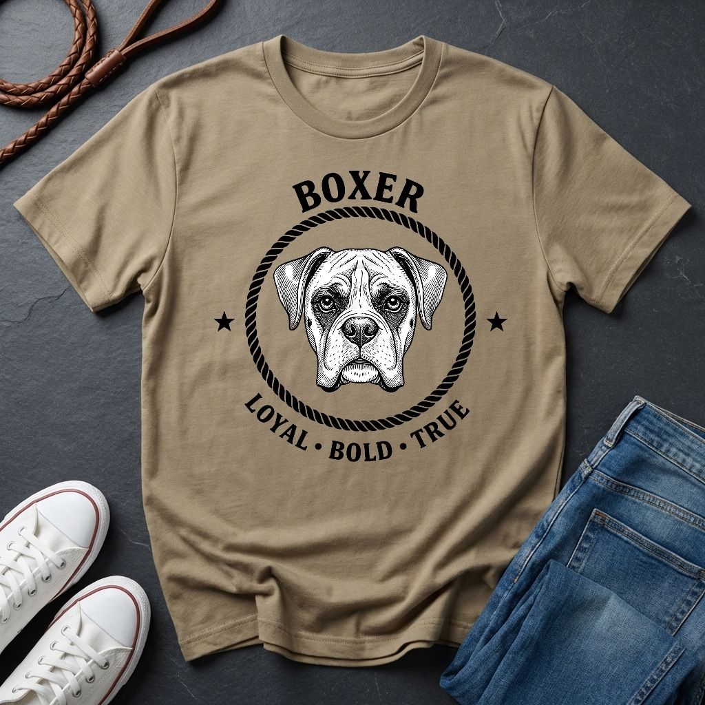 Beige Comfort Colors t-shirt with boxer dog graphic and text on a dark surface with shoes and jeans.