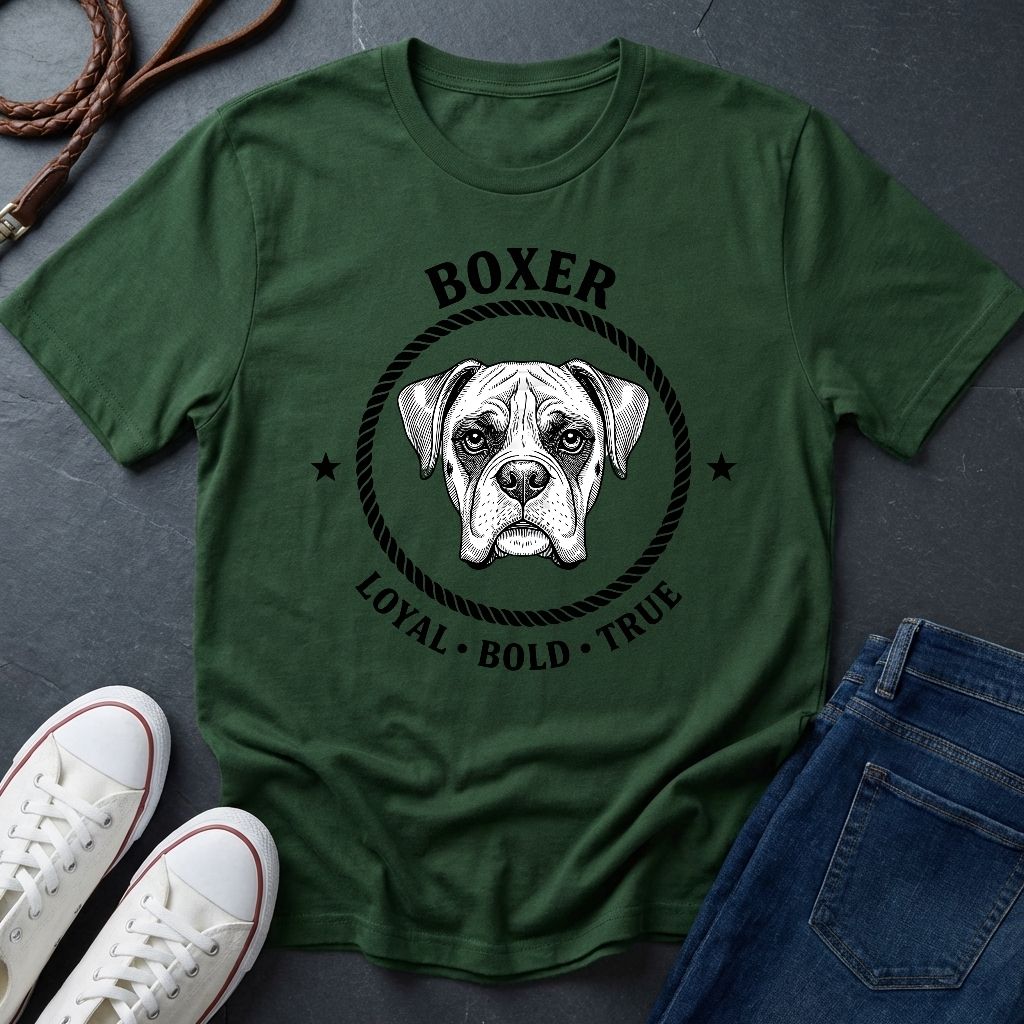 Green Comfort Colors t-shirt with boxer dog graphic and text on a dark surface with shoes and jeans.