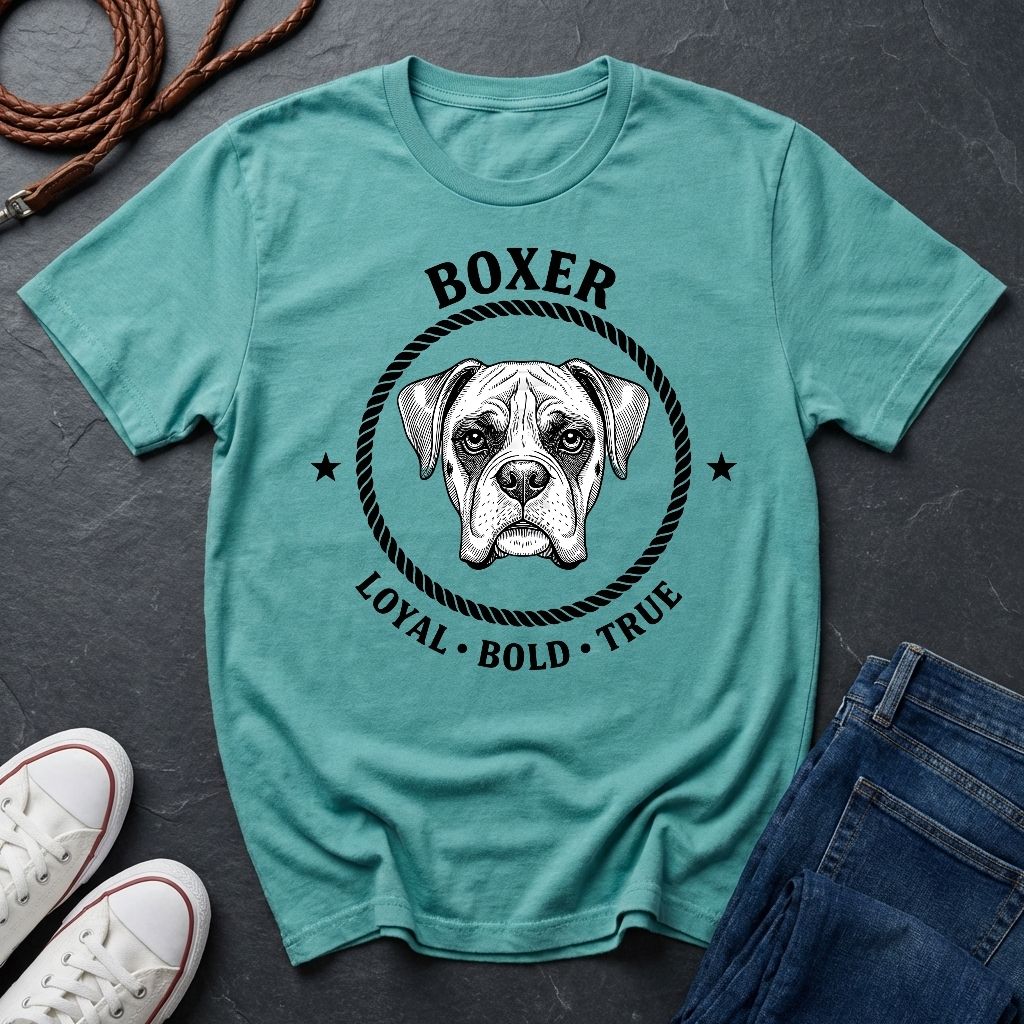 Teal Comfort Colors t-shirt with boxer dog graphic and text on a dark surface with shoes and jeans.
