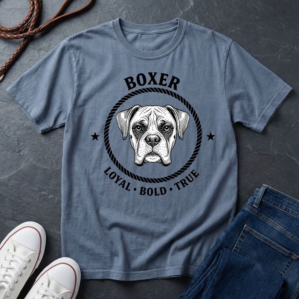 Blue Comfort Colors t-shirt with boxer dog graphic and text on a dark surface with shoes and jeans.