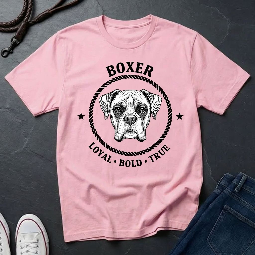 Pink Comfort Colors t-shirt with boxer dog graphic and text on a dark surface