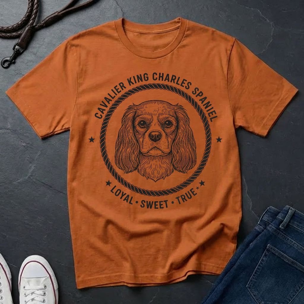 Orange Comfort Colors t-shirt with Cavalier King Charles Spaniel graphic and text on a dark surface.