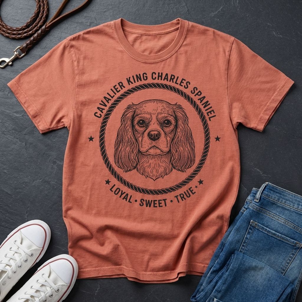 Coral Comfort Colors t-shirt with Cavalier King Charles Spaniel design on a dark surface with shoes and jeans.