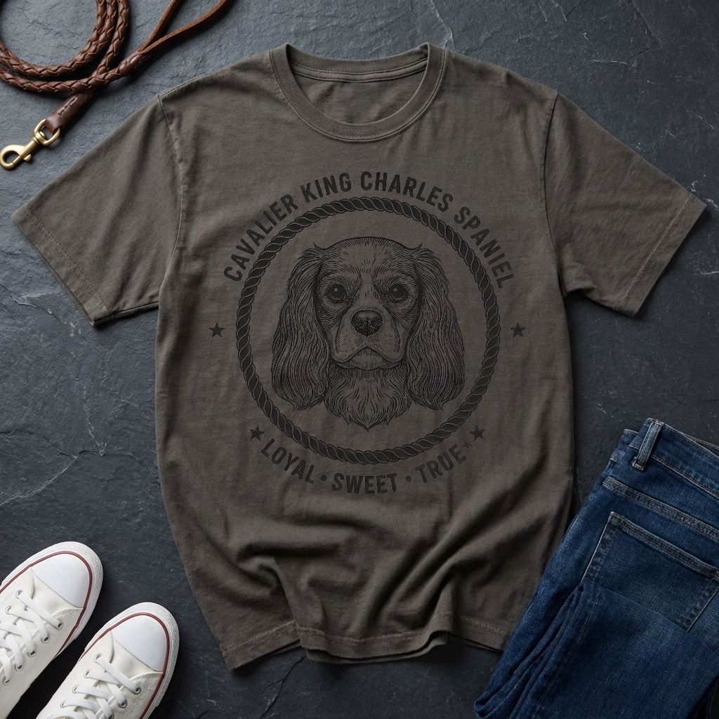 Gray Comfort Colors t-shirt with a dog illustration and heart design, placed on a dark surface with shoes and jeans.