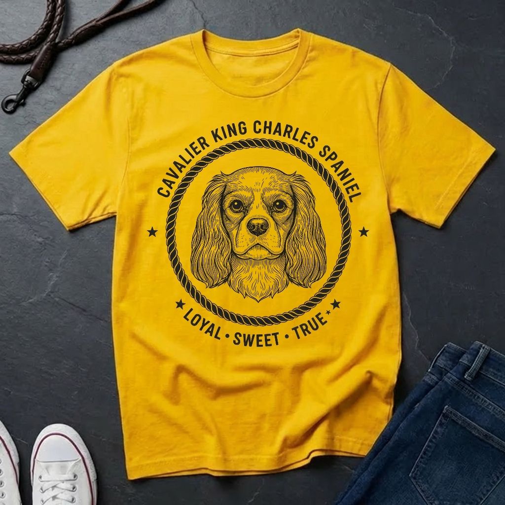 Yellow Comfort Colors t-shirt with Cavalier King Charles Spaniel design on a dark surface