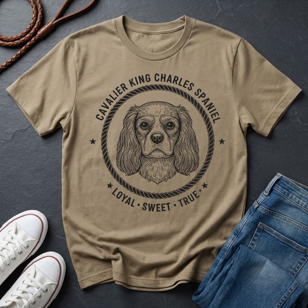 Beige Comfort Colors t-shirt with Cavalier King Charles Spaniel graphic and text on a dark surface with shoes and jeans.