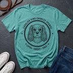 Teal Comfort Colors t-shirt with Cavalier King Charles Spaniel graphic and text on a dark surface with shoes and jeans.