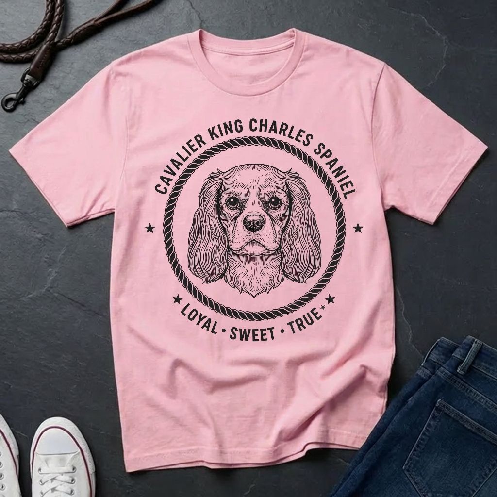 Pink Comfort Colors t-shirt with Cavalier King Charles Spaniel design and text on a dark surface.