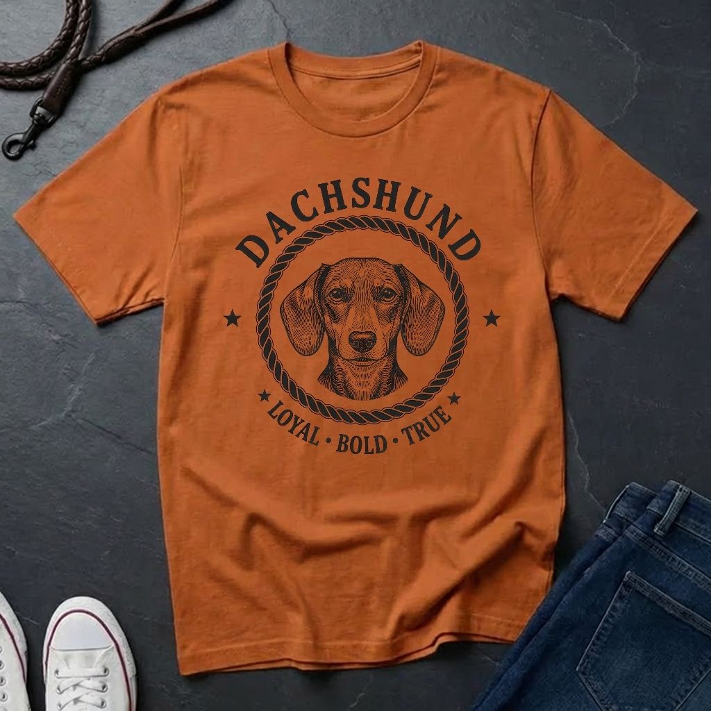 Orange Comfort Colors t-shirt with dachshund graphic and text on a dark surface with jeans and shoes.