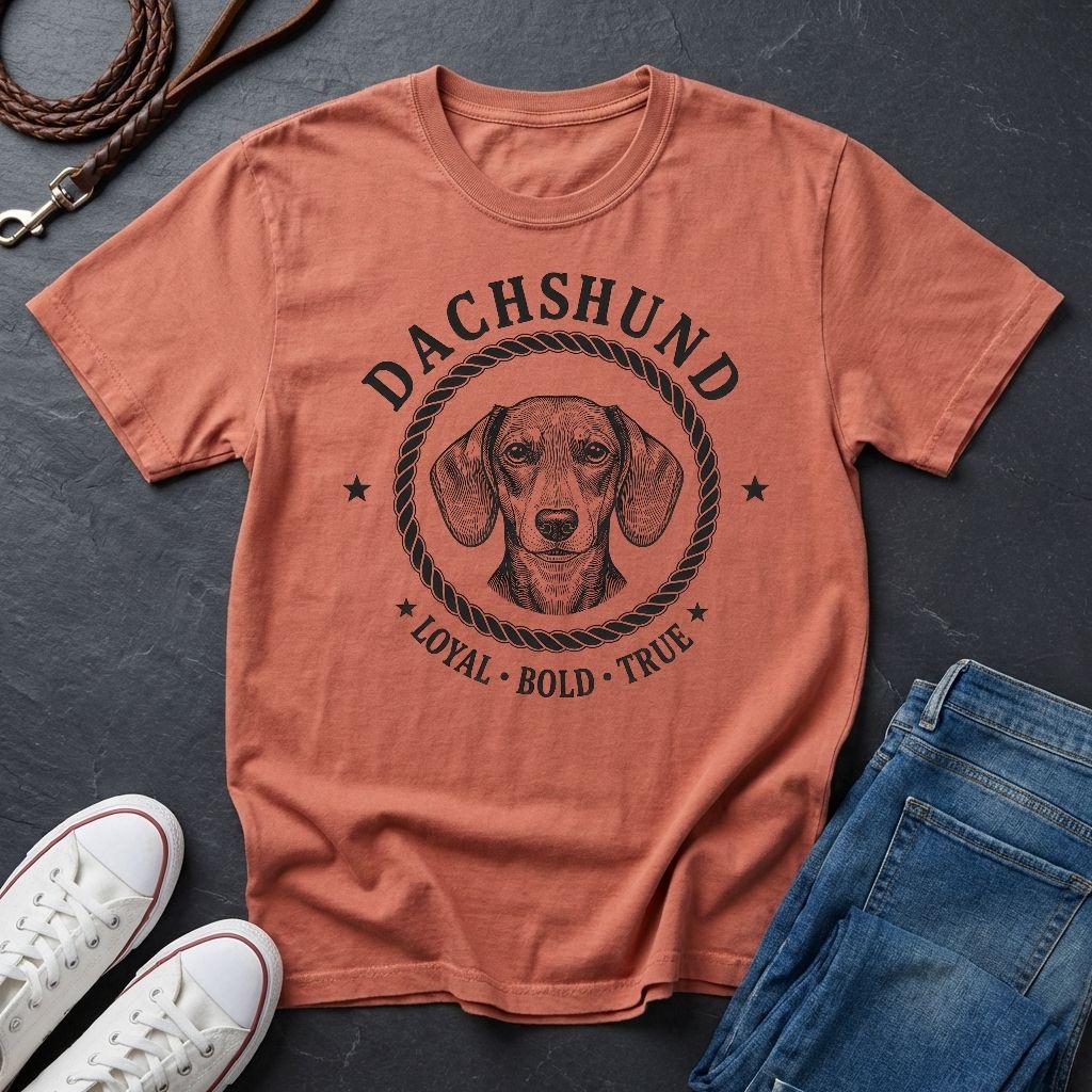 Coral Comfort Colors t-shirt with dachshund graphic and text on a dark surface with shoes and jeans.