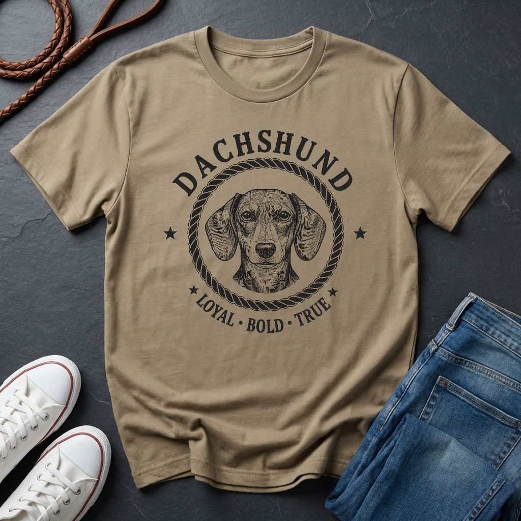 Beige Comfort Colors t-shirt with dachshund graphic and text on a dark surface with shoes and jeans.
