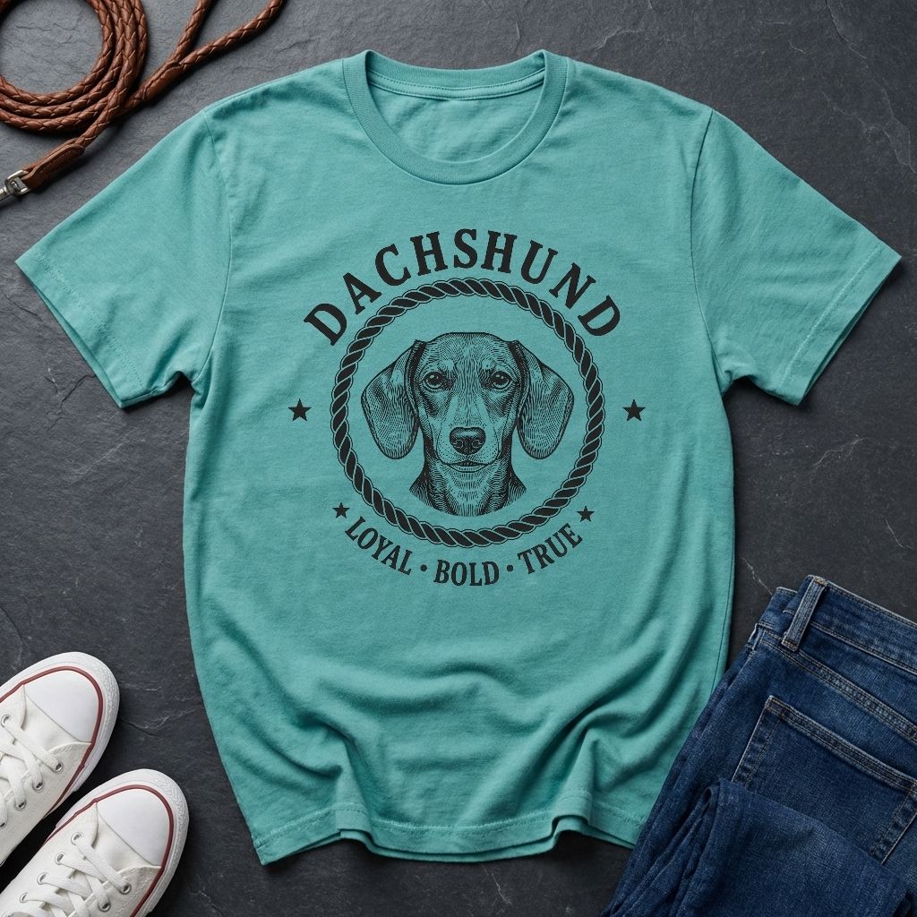 Teal Comfort Colors t-shirt with dachshund graphic and text on a dark surface with shoes and jeans.