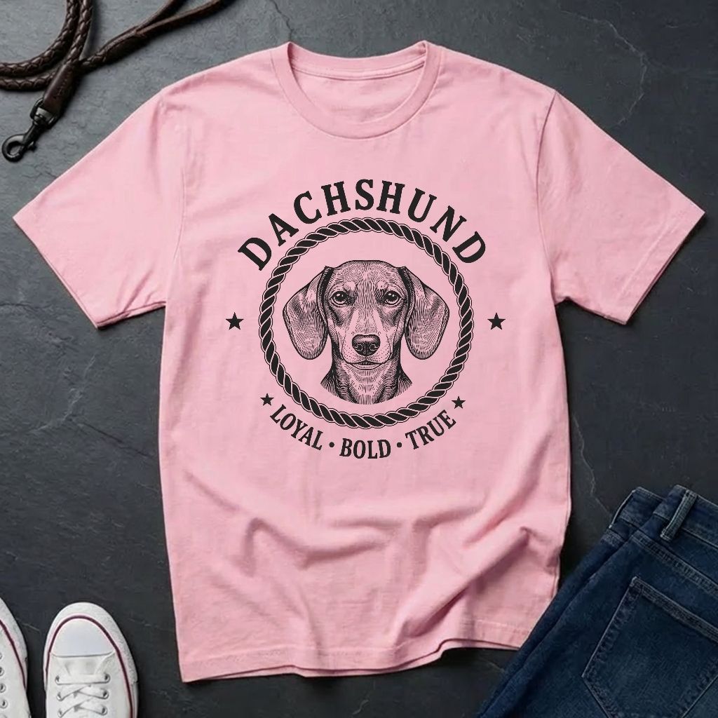 Pink Comfort Colors t-shirt with dachshund graphic and text on a dark surface