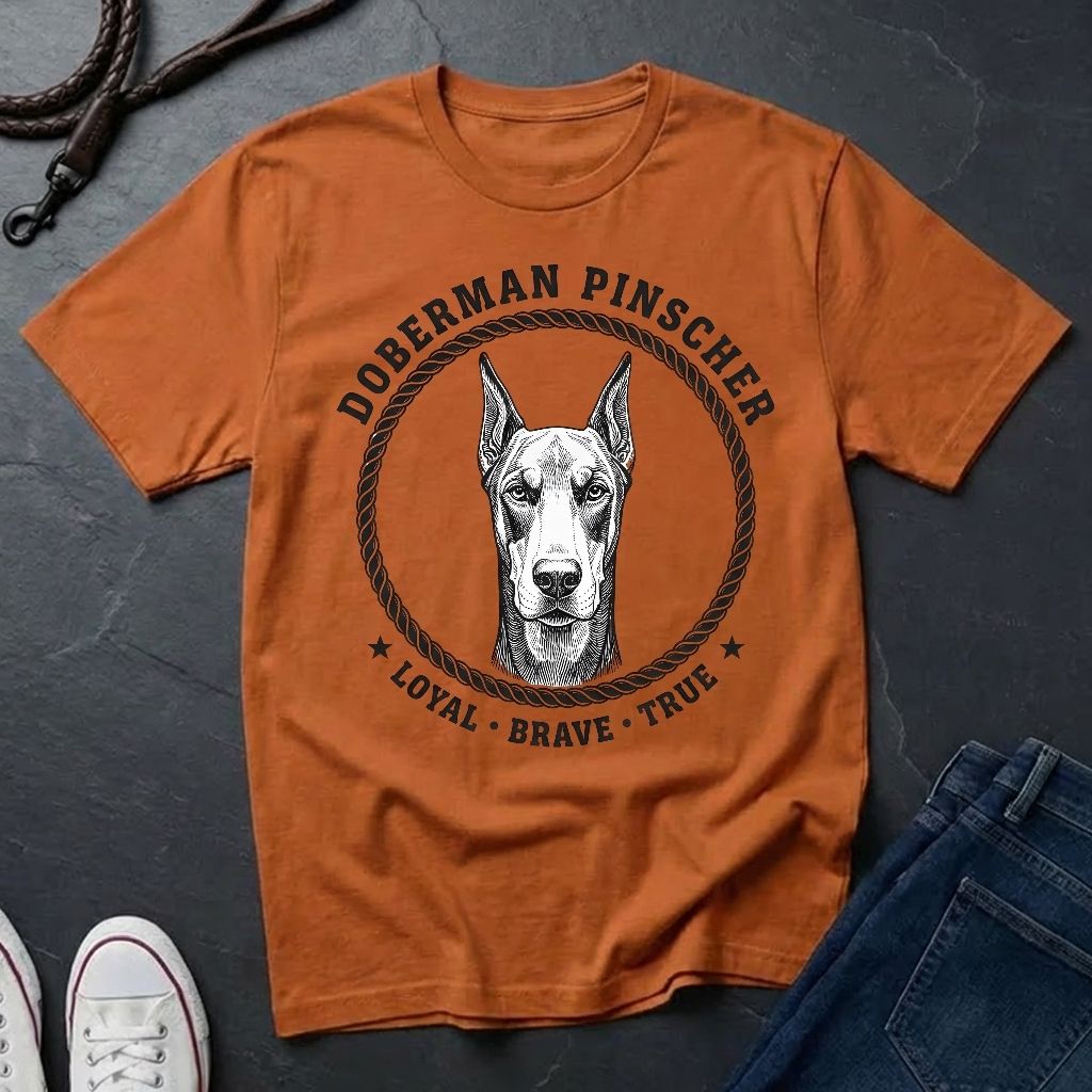 Orange Comfort Colors t-shirt with Doberman Pinscher graphic and text on a dark surface