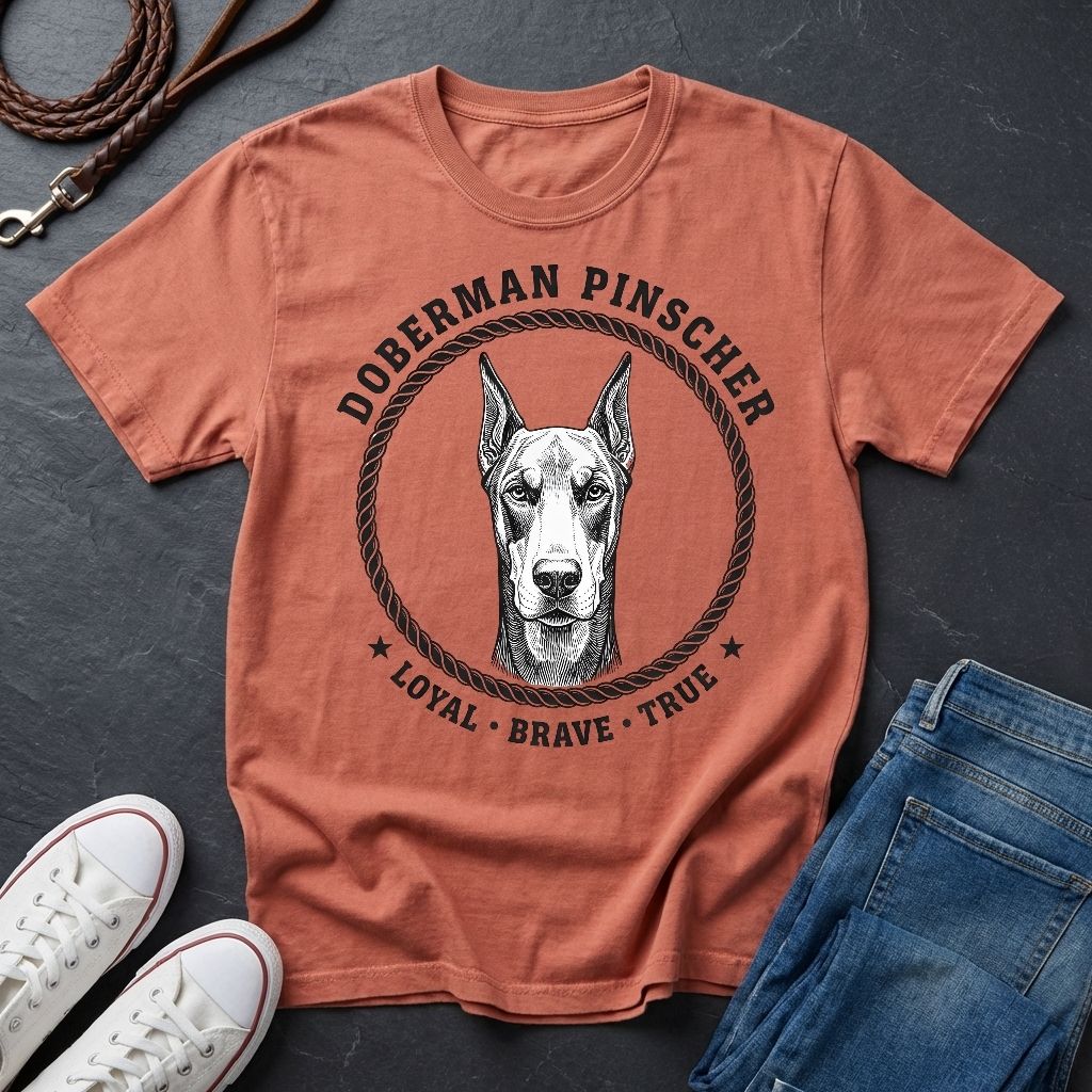 Coral Comfort Colors t-shirt with Doberman Pinscher graphic and text on a dark surface with shoes and jeans.