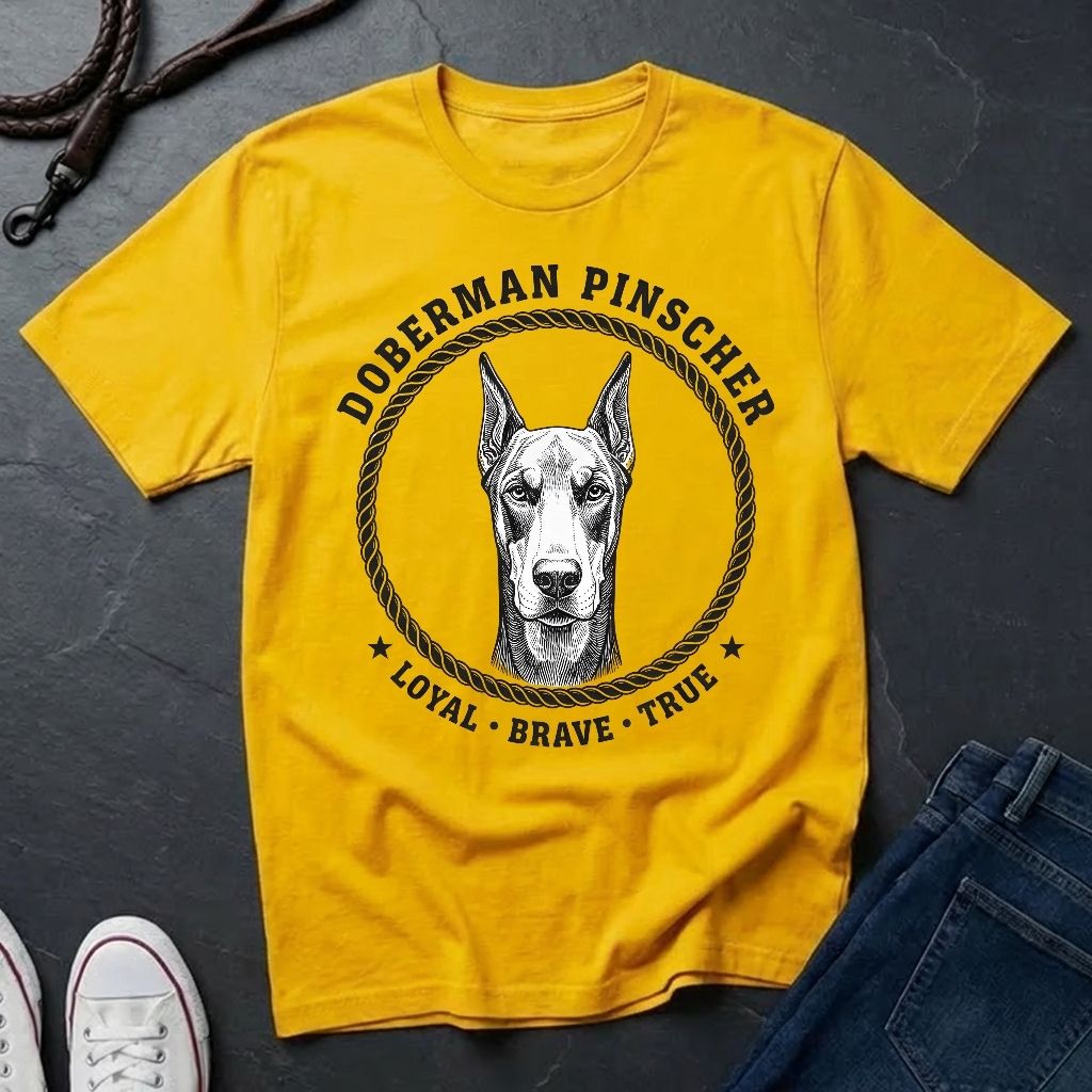 Yellow Comfort Colors t-shirt with Doberman Pinscher graphic and text on a dark surface.