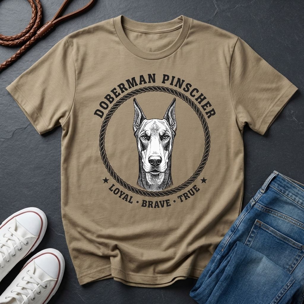Beige Comfort Colors t-shirt with Doberman Pinscher graphic and text on a dark surface with shoes and jeans.
