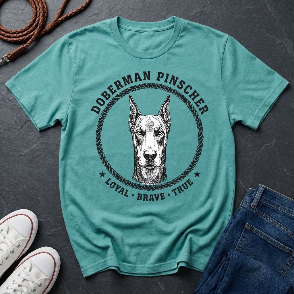 Teal Comfort Colors t-shirt with Doberman Pinscher graphic and text on a dark surface with shoes and jeans.