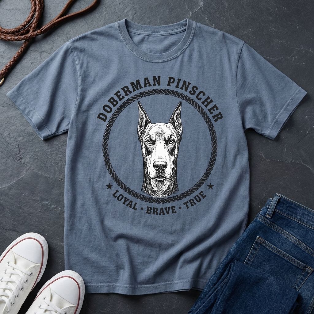 Blue Comfort Colors t-shirt with Doberman Pinscher graphic and text on a dark surface with shoes and jeans.