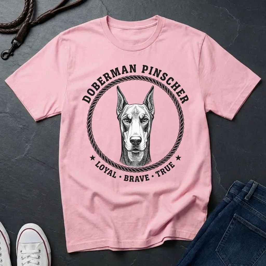 Pink Comfort Colors t-shirt with Doberman Pinscher graphic and text on a dark surface