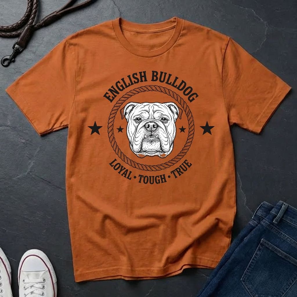 Orange Comfort Colors t-shirt with English Bulldog graphic and text on a dark surface