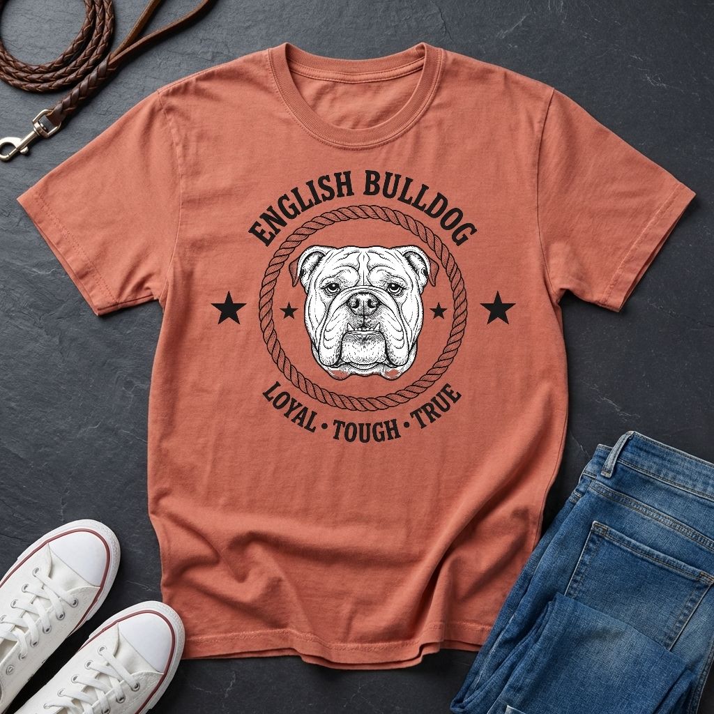 Coral Comfort Colors t-shirt with English Bulldog graphic and text on a dark surface with shoes and jeans.