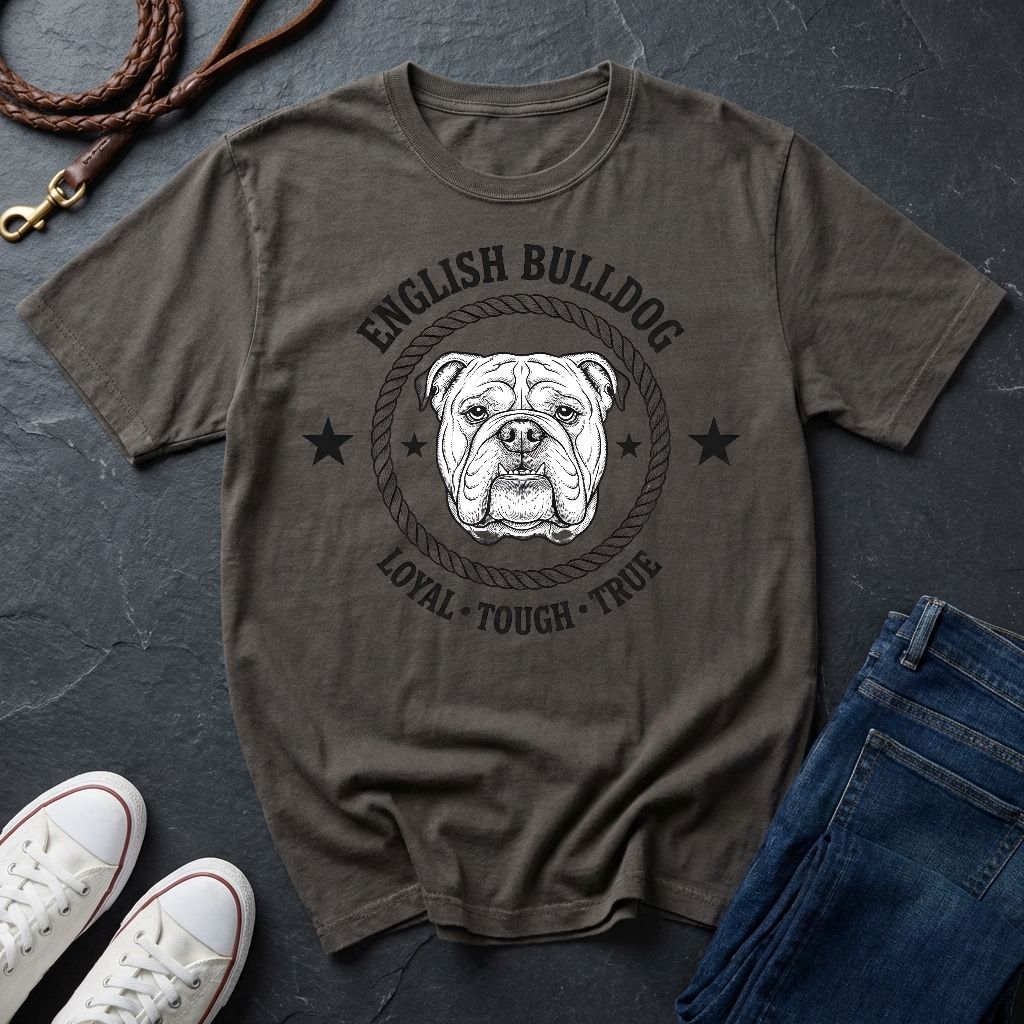 Gray Comfort Colors t-shirt with English Bulldog graphic and text on a dark surface with shoes and jeans.