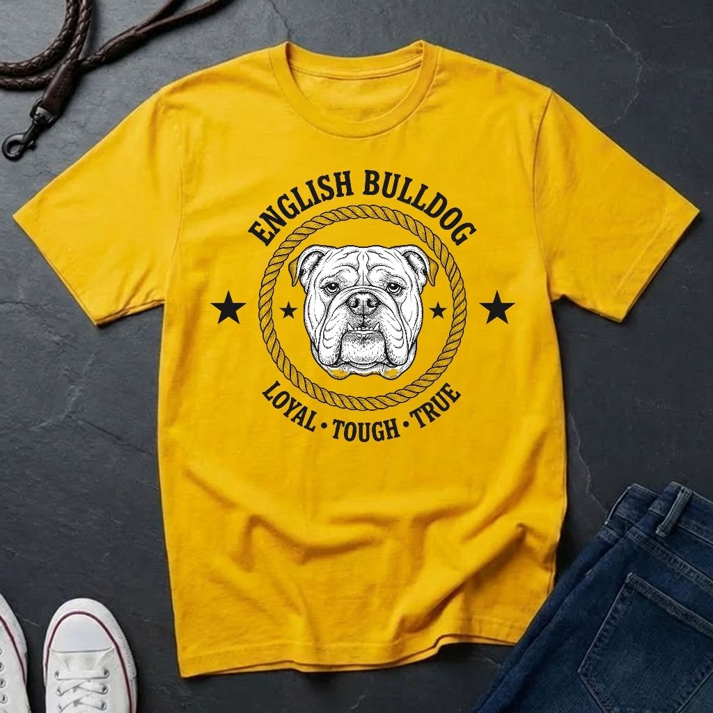 Yellow Comfort Colors t-shirt with English Bulldog graphic and text on a dark surface
