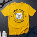 Yellow Comfort Colors t-shirt with English Bulldog graphic and text on a dark surface