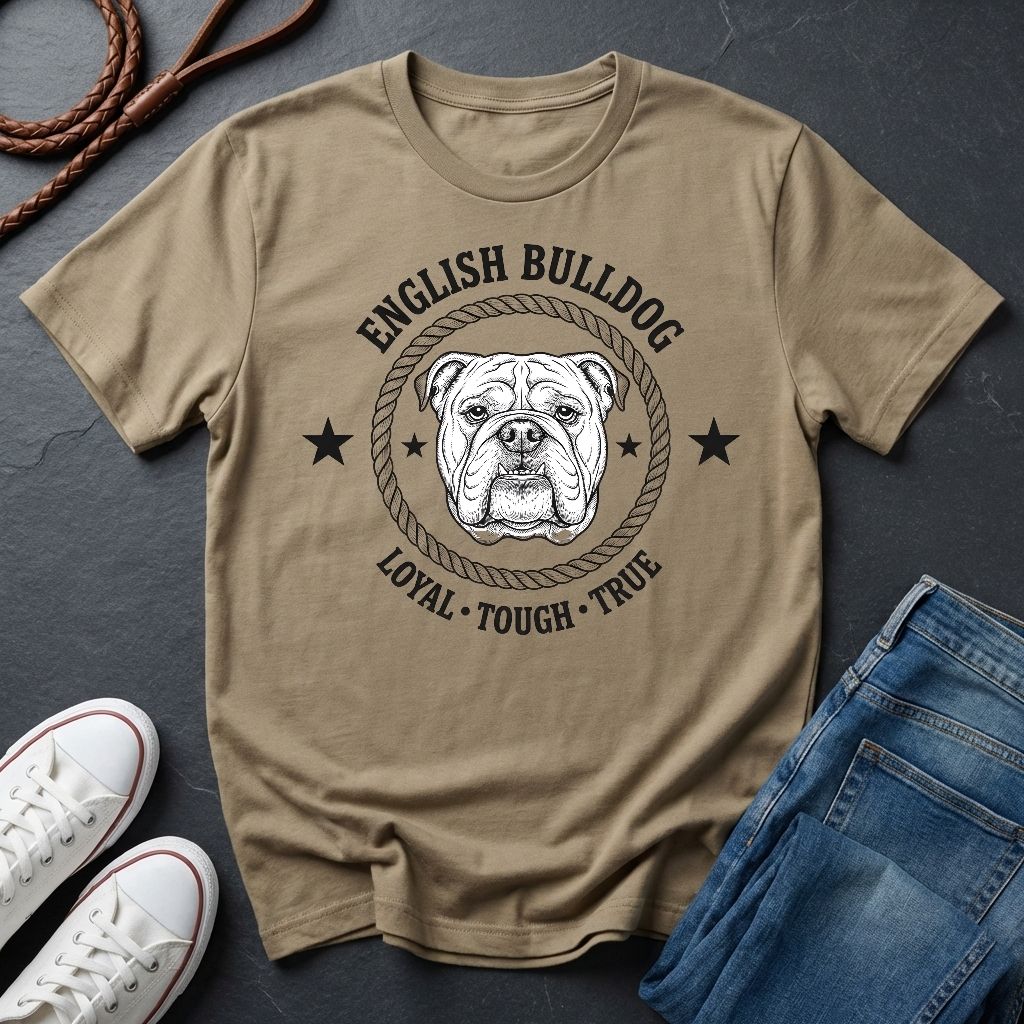 Beige Comfort Colors t-shirt with English Bulldog graphic and text on a dark surface with shoes and jeans.