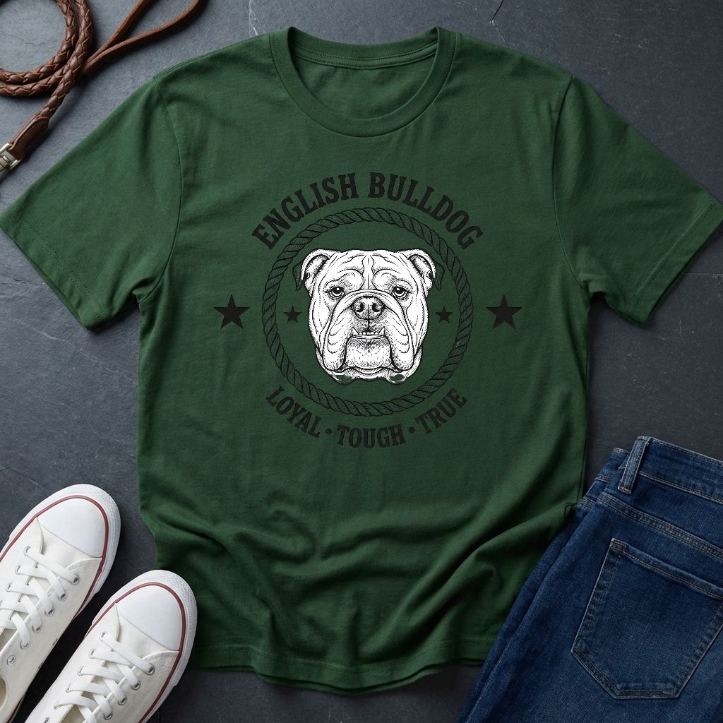 Green Comfort Colors t-shirt with English Bulldog graphic and text on a dark surface with shoes and jeans.